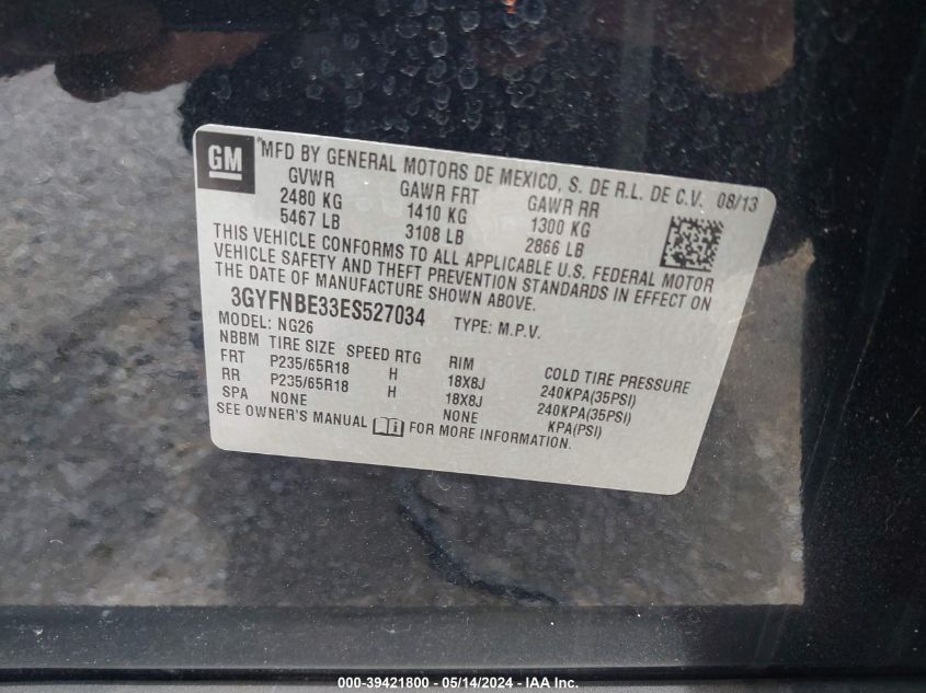 2014 Cadillac Srx Luxury Collection VIN: 3GYFNBE33ES527034 Lot: 39421800