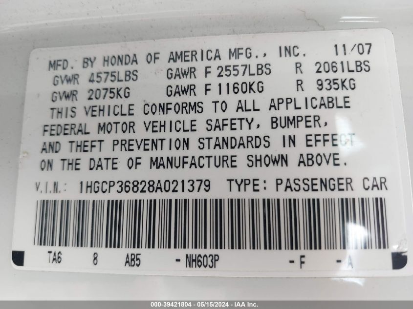 2008 Honda Accord 3.5 Ex-L VIN: 1HGCP36828A021379 Lot: 39421804