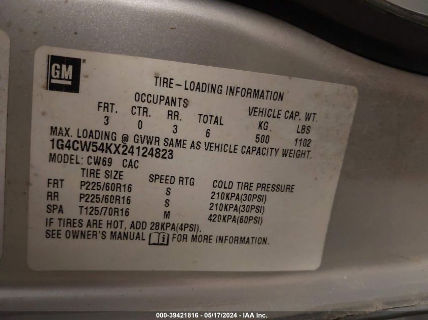 2002 Buick Park Avenue VIN: 1G4CW54KX24124823 Lot: 39421816