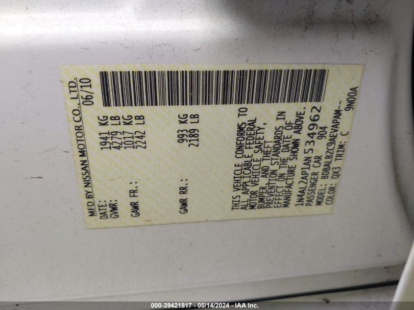 2010 Nissan Altima 2.5 S VIN: 1N4AL2AP1AN534962 Lot: 39421817