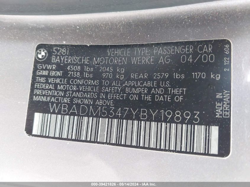 2000 BMW 528I VIN: WBADM5347YBY19893 Lot: 39421826