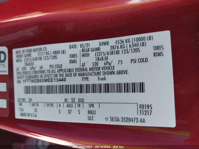 2021 Ford F-250 Xlt VIN: 1FT7W2B65MEE13440 Lot: 39421831