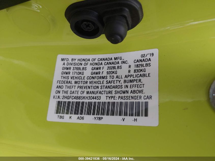 2019 Honda Civic Sport VIN: 2HGFC4B85KH304453 Lot: 39421836