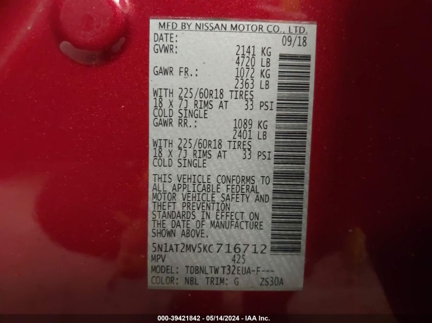 2019 Nissan Rogue Sv VIN: 5N1AT2MV5KC716712 Lot: 39421842