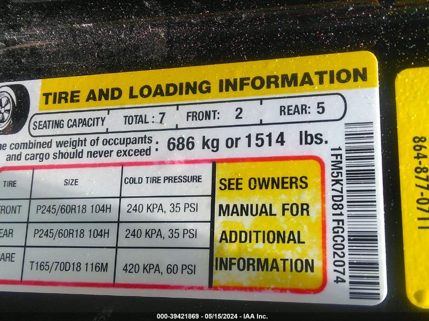 2015 Ford Explorer Xlt VIN: 1FM5K7D81FGC02074 Lot: 39421869