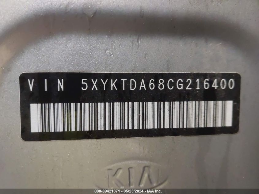 2012 Kia Sorento Lx VIN: 5XYKTDA68CG216400 Lot: 39421871