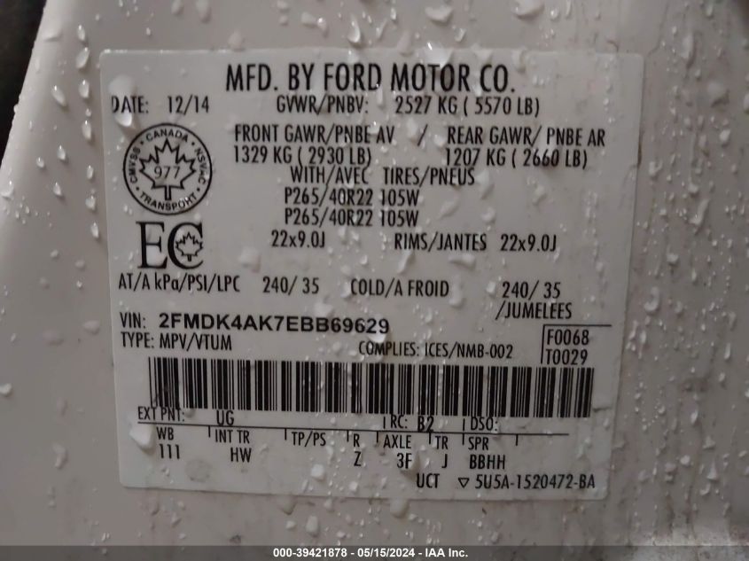 2014 Ford Edge Sport VIN: 2FMDK4AK7EBB69629 Lot: 39421878