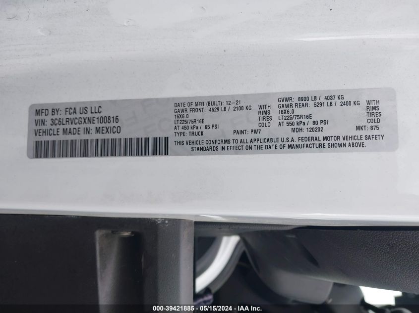 2022 Ram Promaster 2500 High Roof 136 Wb VIN: 3C6LRVCGXNE100816 Lot: 39421885