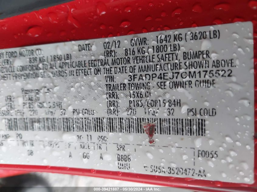 2012 Ford Fiesta Se VIN: 3FADP4EJ7CM175522 Lot: 39421887
