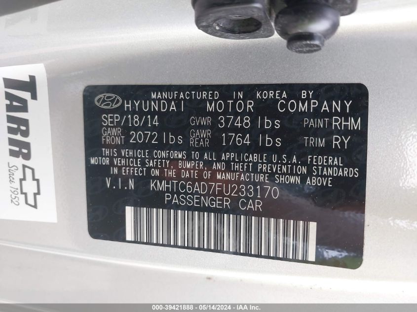 2015 HYUNDAI VELOSTER - KMHTC6AD7FU233170