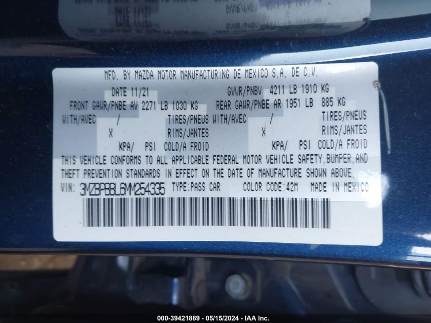 2021 Mazda Mazda3 Select VIN: 3MZBPBBL6MM254335 Lot: 39421889