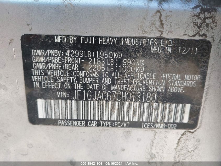 2012 Subaru Impreza 2.0I Premium VIN: JF1GJAC67CH013180 Lot: 39421906
