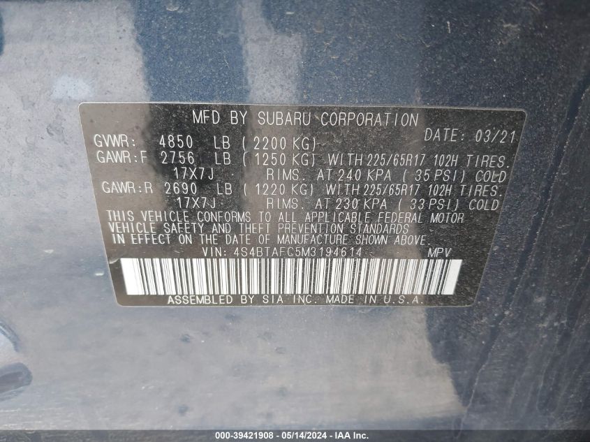 2021 Subaru Outback Premium VIN: 4S4BTAFC5M3194614 Lot: 39421908