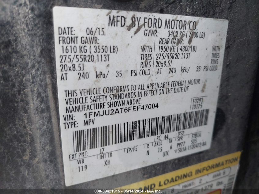 2015 Ford Expedition Limited VIN: 1FMJU2AT6FEF47004 Lot: 39421915