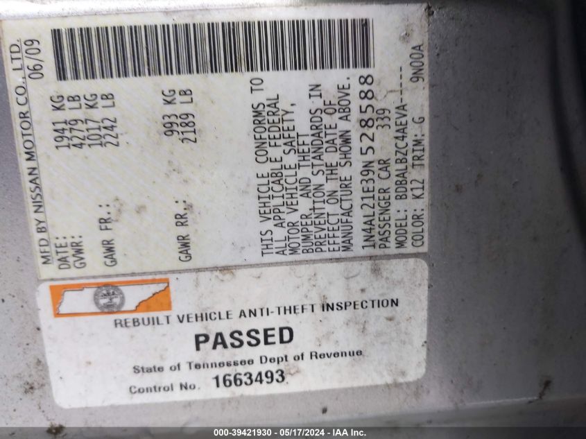 2009 Nissan Altima 2.5 S VIN: 1N4AL21E39N528588 Lot: 39421930