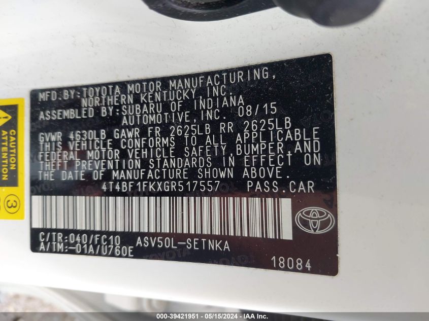 2016 Toyota Camry Le VIN: 4T4BF1FKXGR517557 Lot: 39421951