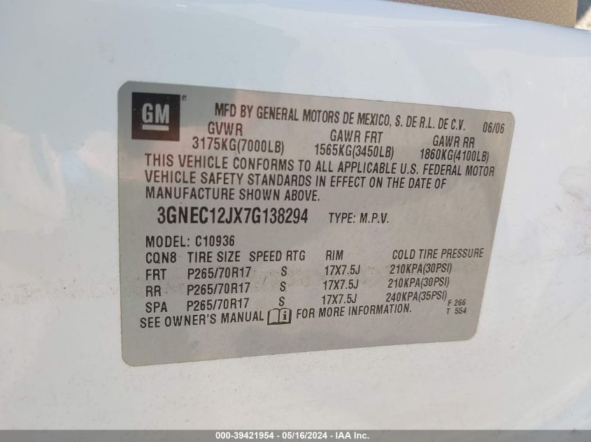 2007 Chevrolet Avalanche C1500 VIN: 3GNEC12JX7G138294 Lot: 39421954