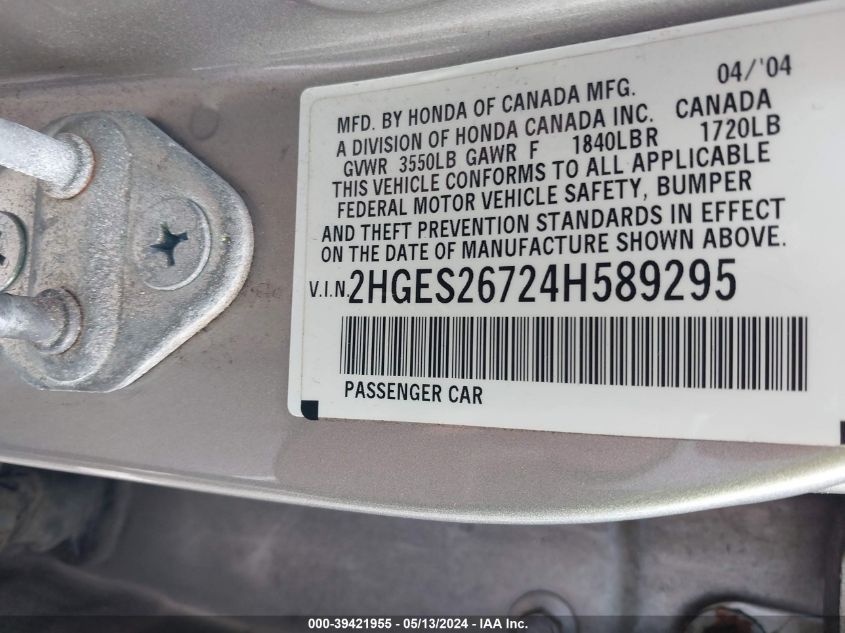 2004 Honda Civic Ex VIN: 2HGES26724H589295 Lot: 39421955