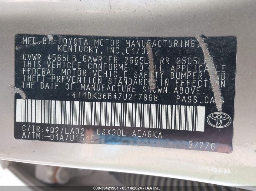 2007 Toyota Avalon Xls VIN: 4T1BK36B47U217868 Lot: 39421961