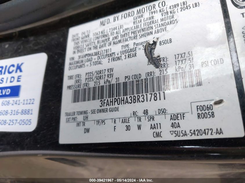 2011 Ford Fusion Se VIN: 3FAHP0HA3BR317811 Lot: 39421967