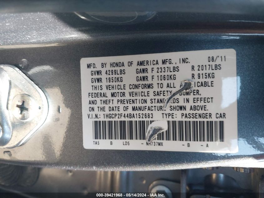 1HGCP2F44BA152683 2011 Honda Accord 2.4 Lx-P