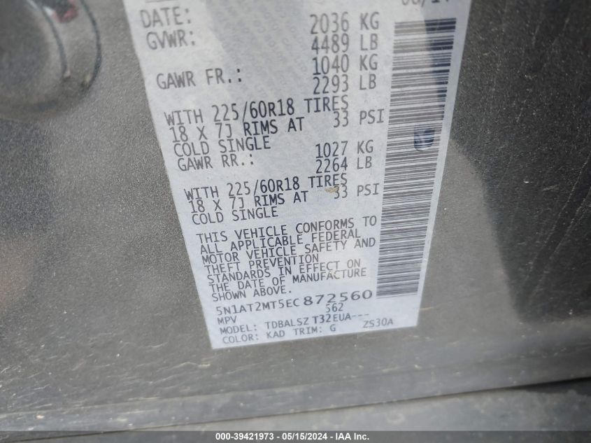 2014 Nissan Rogue Sl VIN: 5N1AT2MT5EC872560 Lot: 39421973