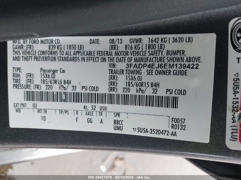 2014 Ford Fiesta Se VIN: 3FADP4EJ6EM139422 Lot: 39421979