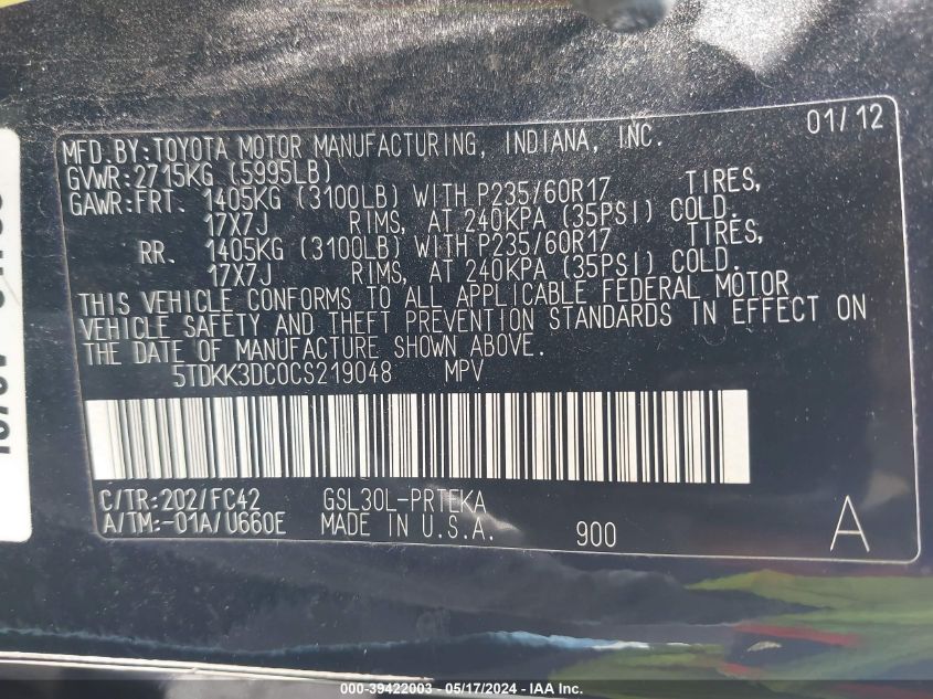 2012 Toyota Sienna Le V6 8 Passenger VIN: 5TDKK3DC0CS219048 Lot: 39422003