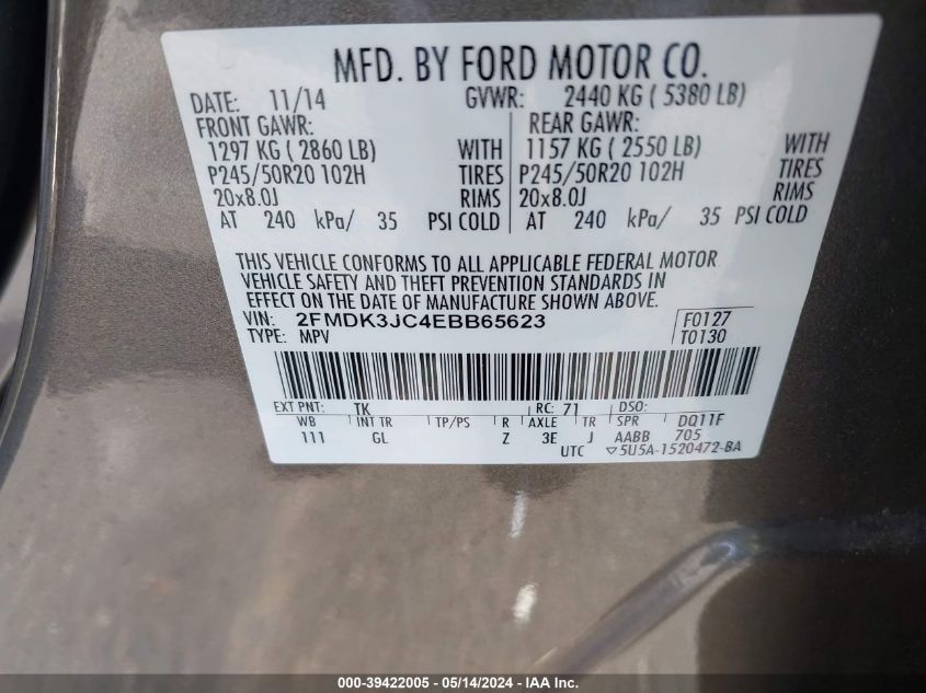 2014 Ford Edge Sel VIN: 2FMDK3JC4EBB65623 Lot: 39422005