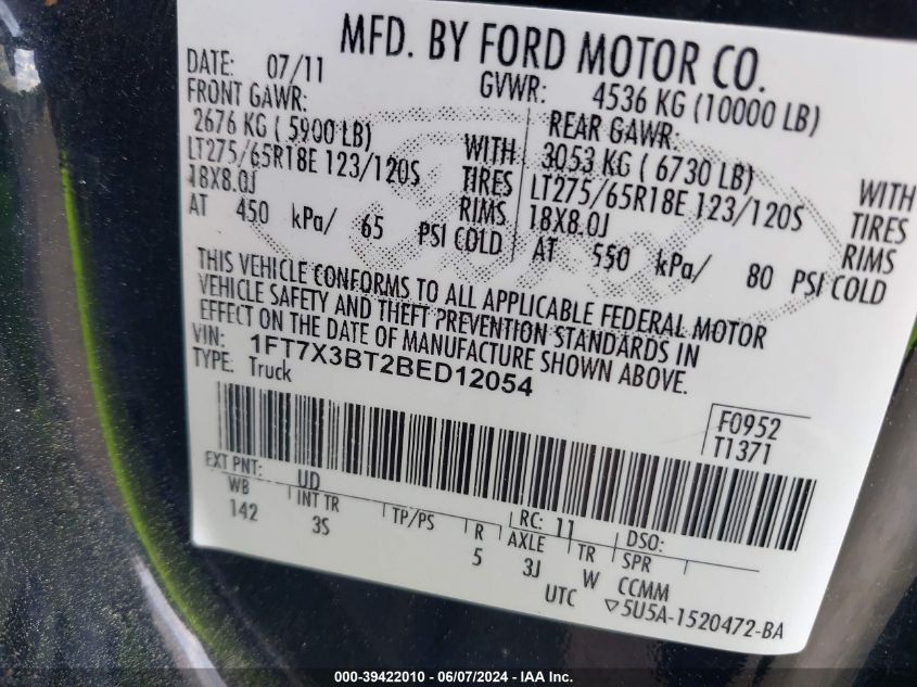 2011 Ford F-350 Xlt VIN: 1FT7X3BT2BED12054 Lot: 39422010
