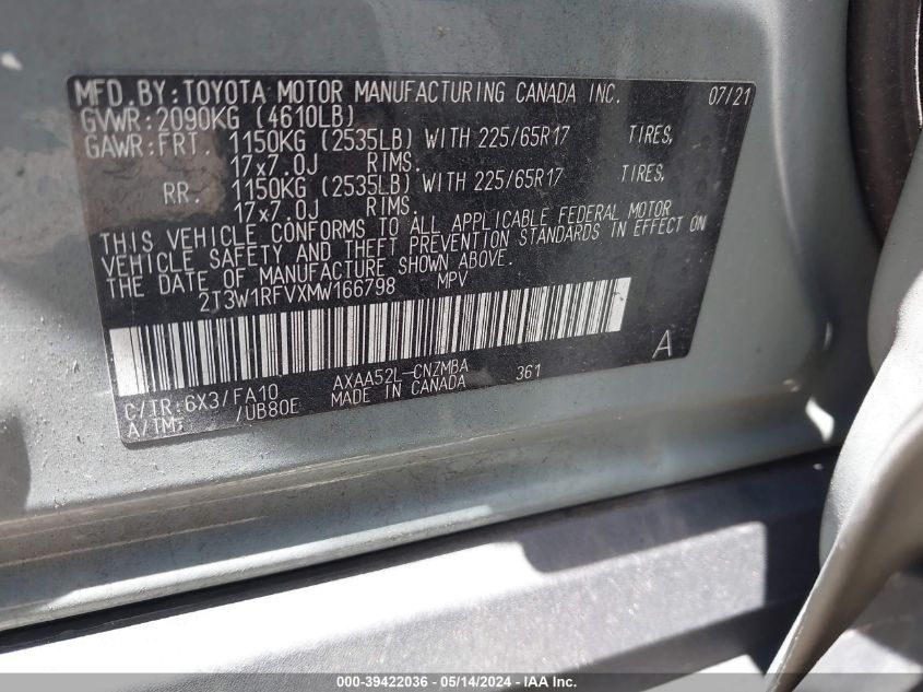 2021 Toyota Rav4 Xle VIN: 2T3W1RFVXMW166798 Lot: 39422036