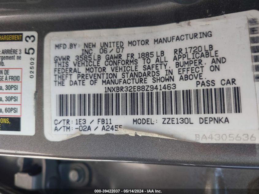 2008 Toyota Corolla Le VIN: 1NXBR32E88Z941463 Lot: 39422037