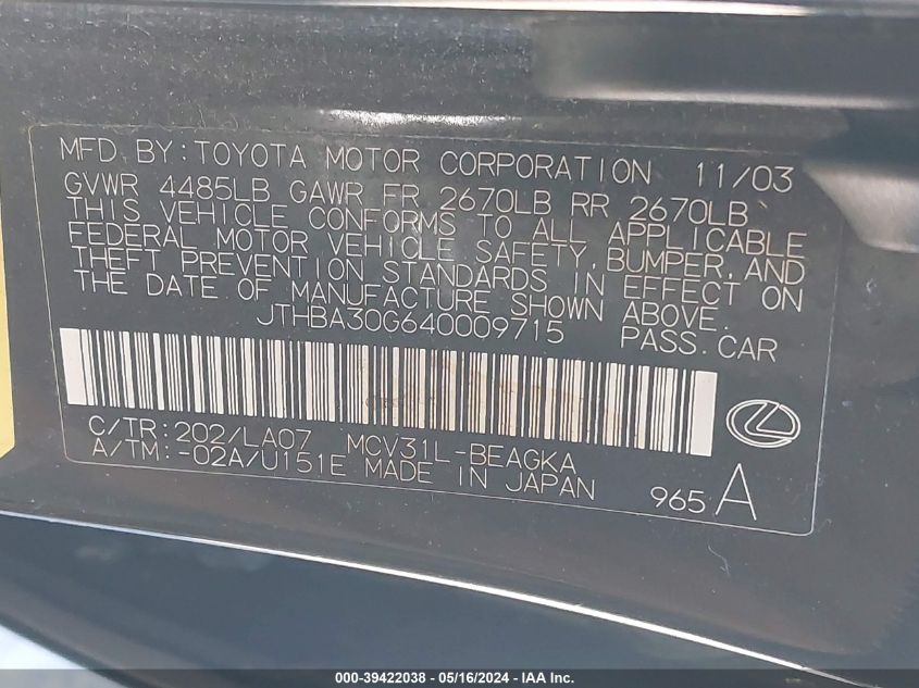 2004 Lexus Es 330 VIN: JTHBA30G640009715 Lot: 39422038