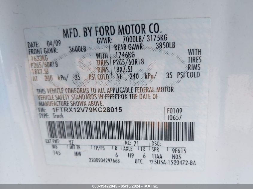 2009 Ford F150 Super Cab VIN: 1FTRX12V79KC28015 Lot: 39422045