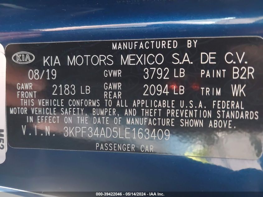 2020 Kia Forte Gt-Line VIN: 3KPF34AD5LE163409 Lot: 39422046