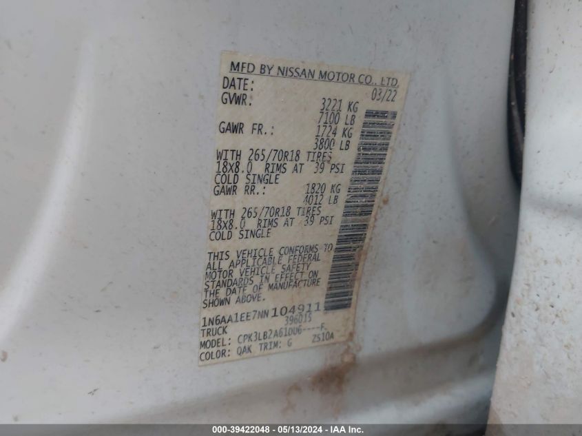 2022 Nissan Titan Sv 4X2 VIN: 1N6AA1EE7NN104911 Lot: 39422048