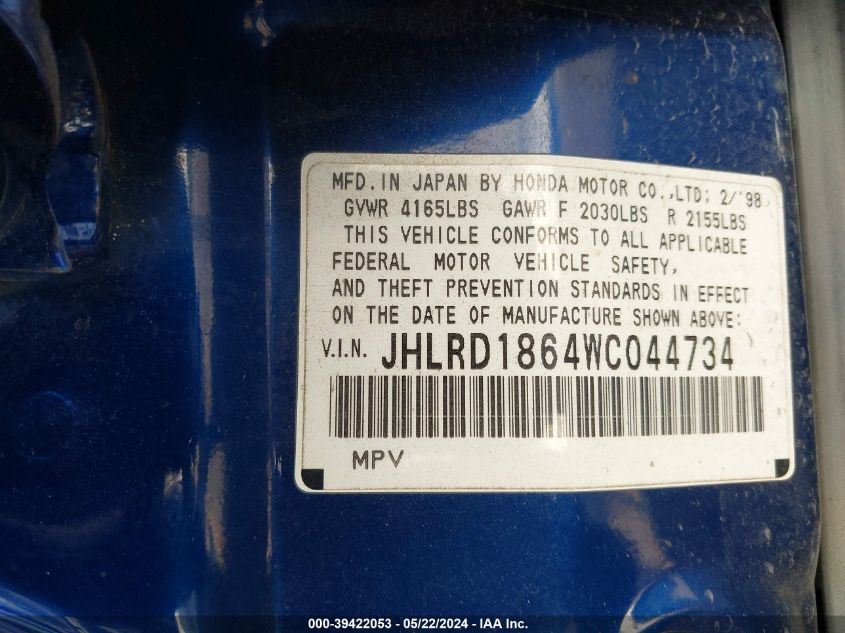 1998 Honda Cr-V Ex VIN: JHLRD1864WC044734 Lot: 39422053