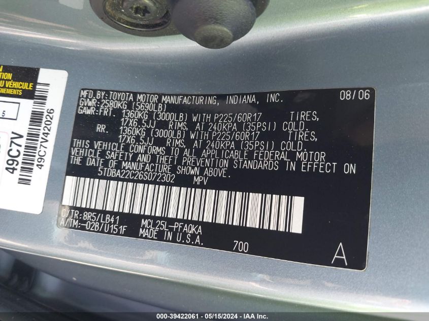 2006 Toyota Sienna Xle VIN: 5TDBA22C26S072302 Lot: 39422061