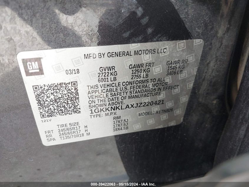 2018 GMC Acadia Sle-1 VIN: 1GKKNKLAXJZ220421 Lot: 39422063