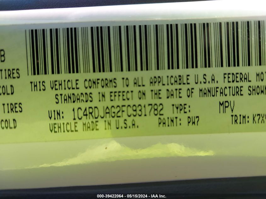2015 Dodge Durango Sxt VIN: 1C4RDJAG2FC931782 Lot: 39422064