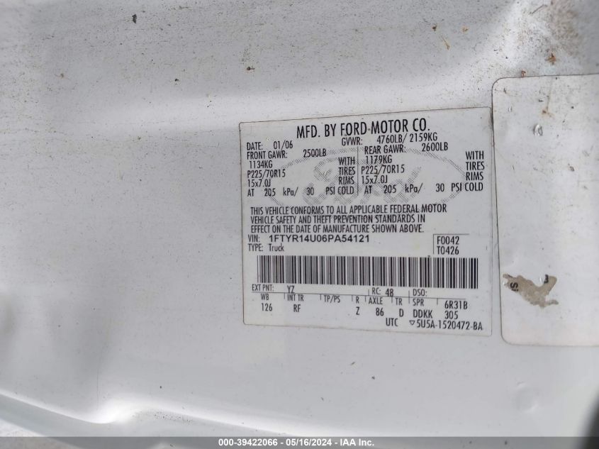 2006 Ford Ranger Sport/Stx/Xl/Xlt VIN: 1FTYR14U06PA54121 Lot: 39422066