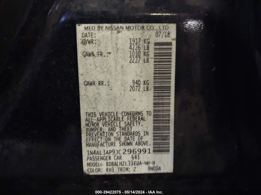 2018 Nissan Altima 2.5 Sr VIN: 1N4AL3AP9JC296991 Lot: 39422075