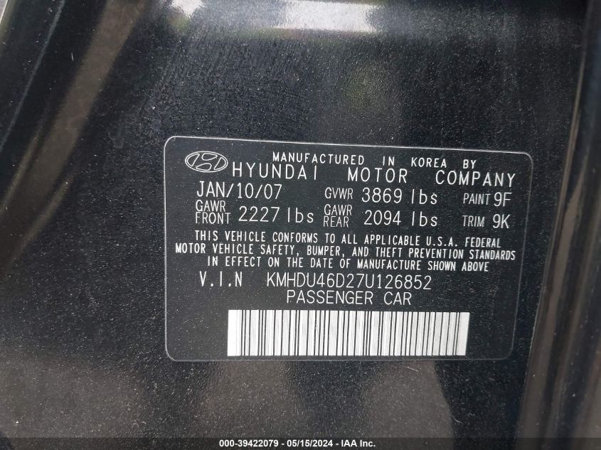 2007 Hyundai Elantra Gls/Limited/Se VIN: KMHDU46D27U126852 Lot: 39422079