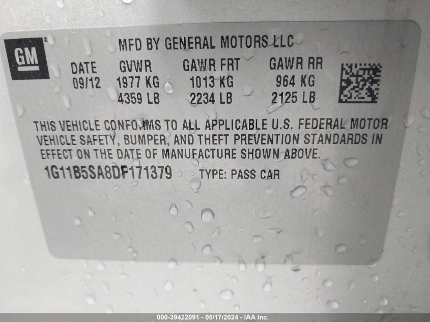 2013 Chevrolet Malibu 1Ls VIN: 1G11B5SA8DF171379 Lot: 39422091