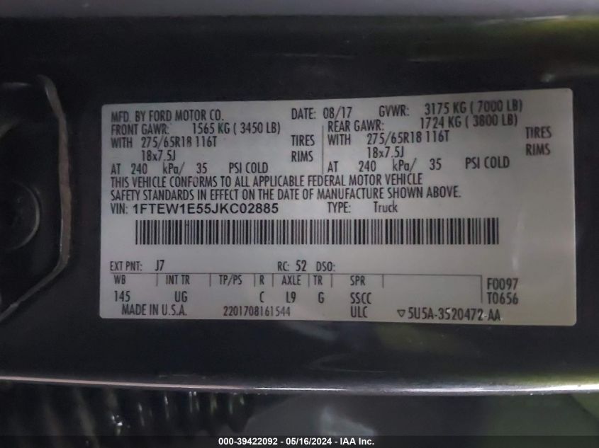 2018 Ford F-150 Xlt VIN: 1FTEW1E55JKC02885 Lot: 39422092