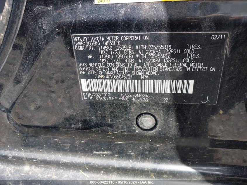 2011 Toyota Rav4 Sport VIN: JTMRF4DV0B5045707 Lot: 39422110