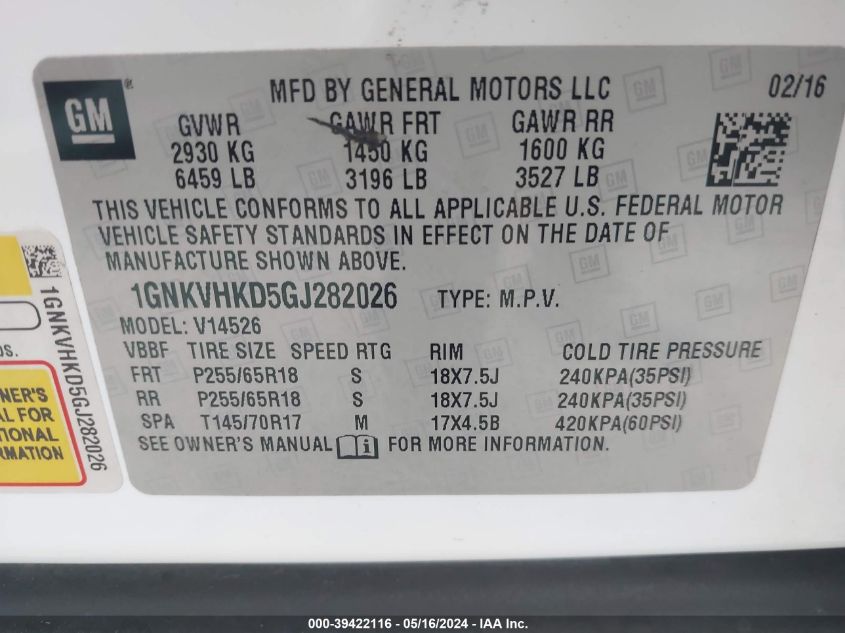 2016 Chevrolet Traverse 2Lt VIN: 1GNKVHKD5GJ282026 Lot: 39422116