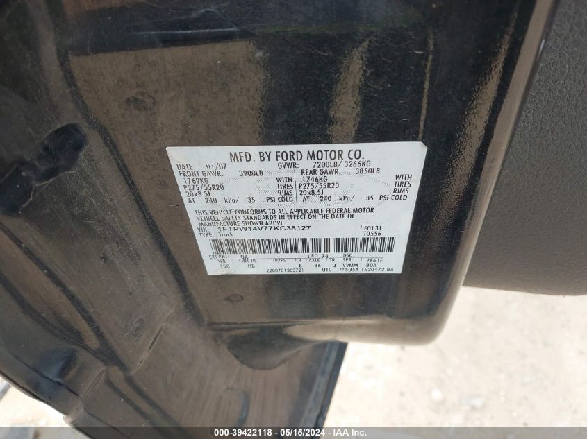 2007 Ford F-150 Fx4/Lariat/Xlt VIN: 1FTPW14V77KC38127 Lot: 39422118
