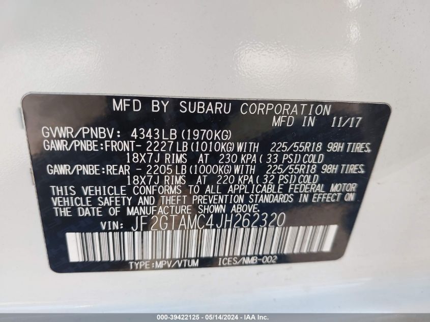 2018 Subaru Crosstrek 2.0I Limited VIN: JF2GTAMC4JH262320 Lot: 39422125