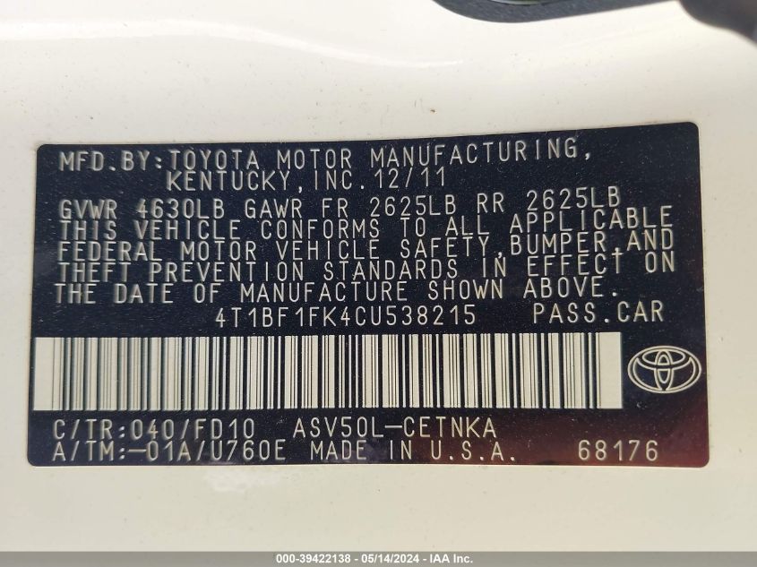 2012 Toyota Camry Le VIN: 4T1BF1FK4CU538215 Lot: 39422138